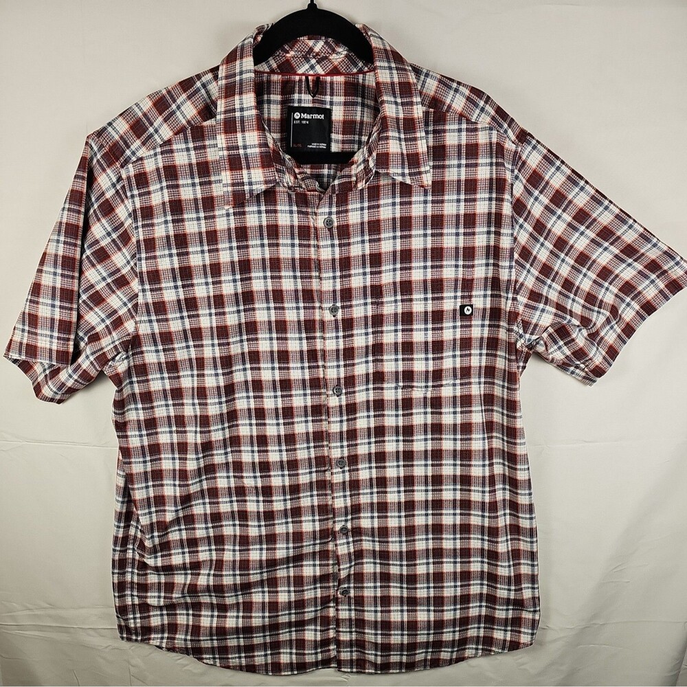 Marmot Men’s XL Plaid Short Sleeve Button Up Shirt Brown Gray Outdoor Casual